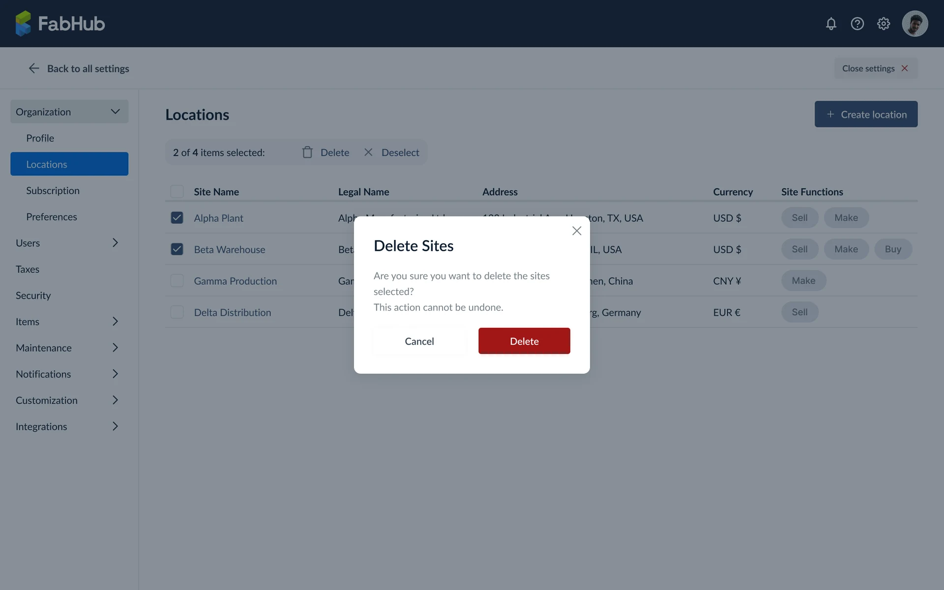 Delete multiple sites confirmation