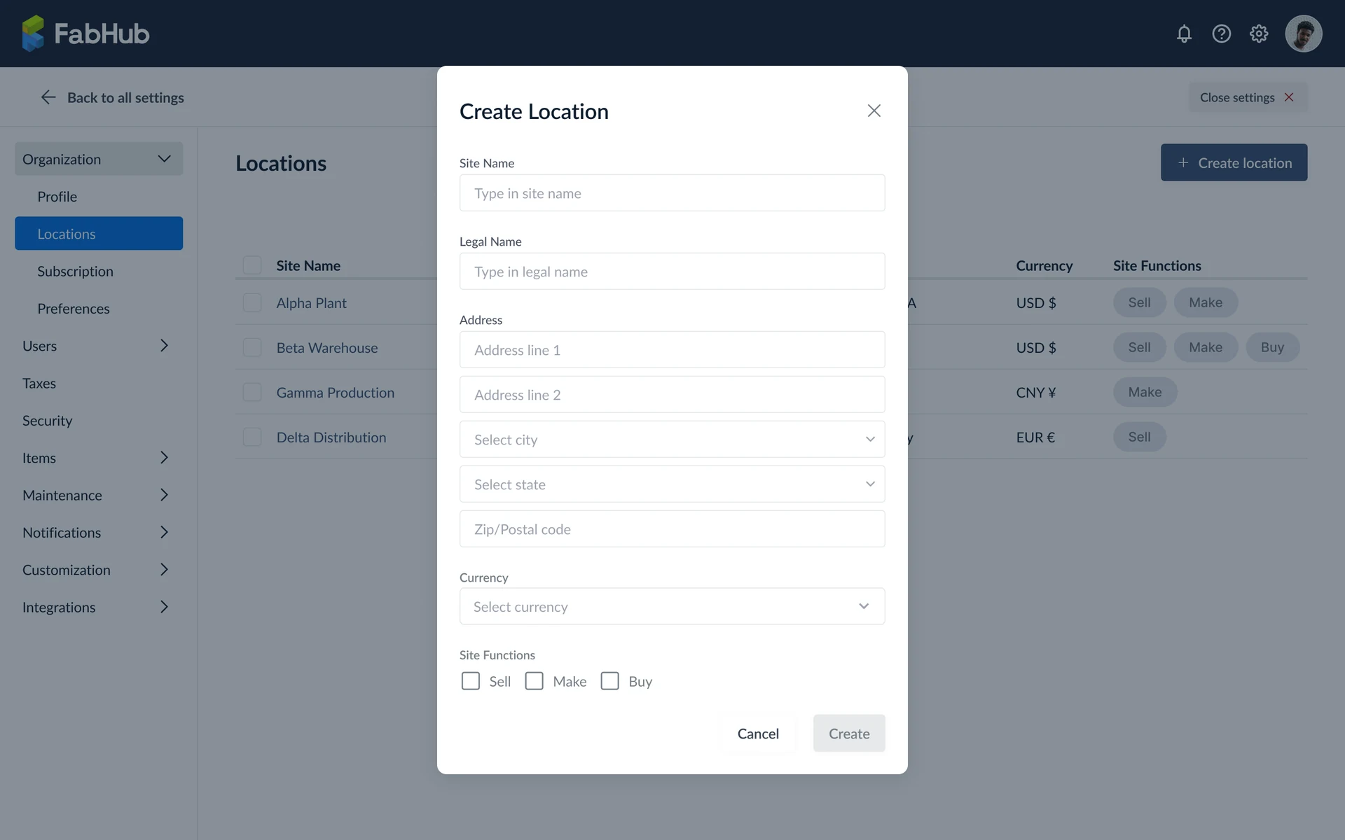 Create site dialog