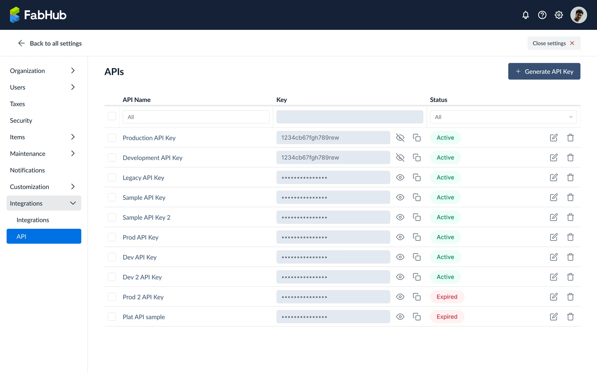 API keys dashboard