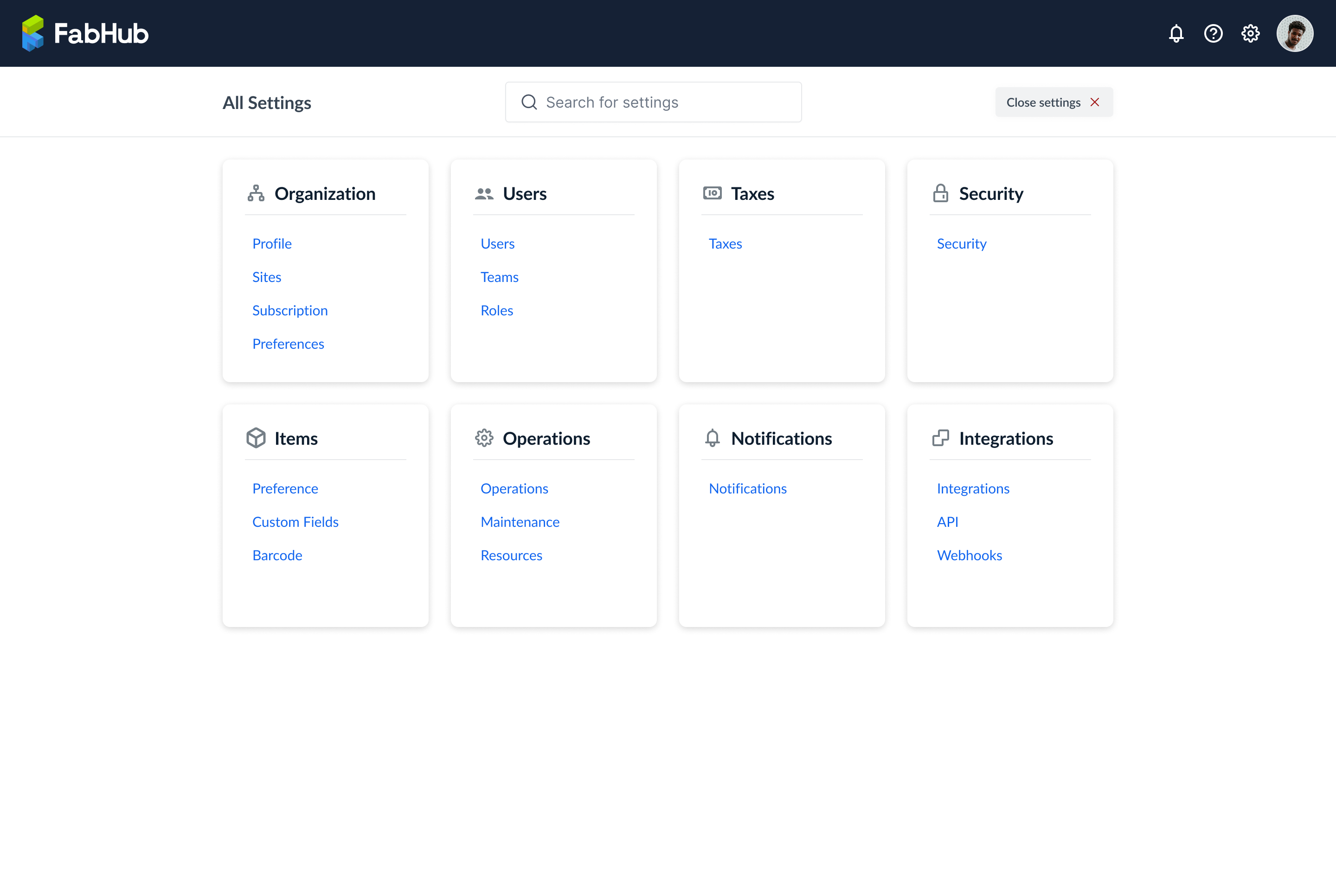 FabHub-Einstellungs-Dashboard für die Rolle Administrator