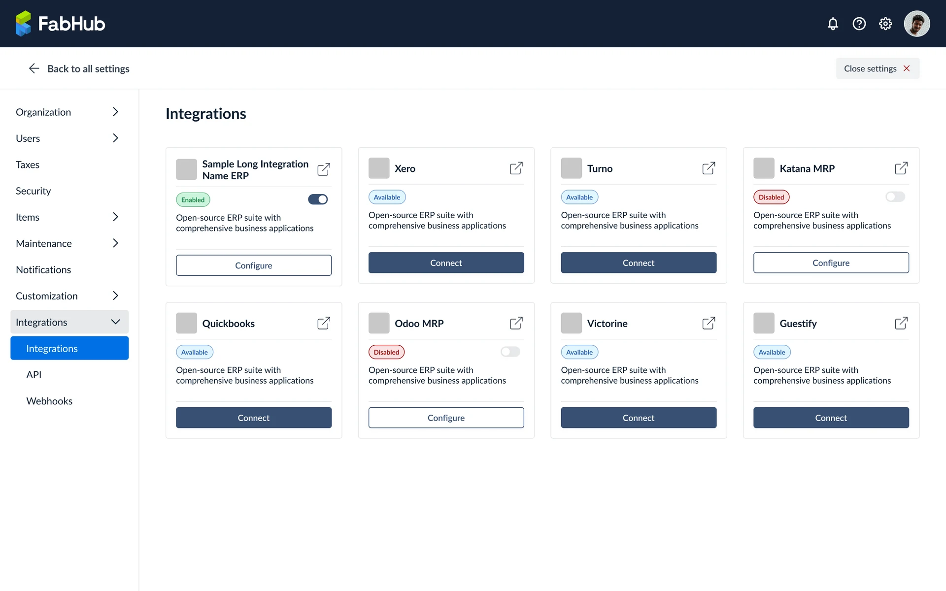 Integrations dashboard