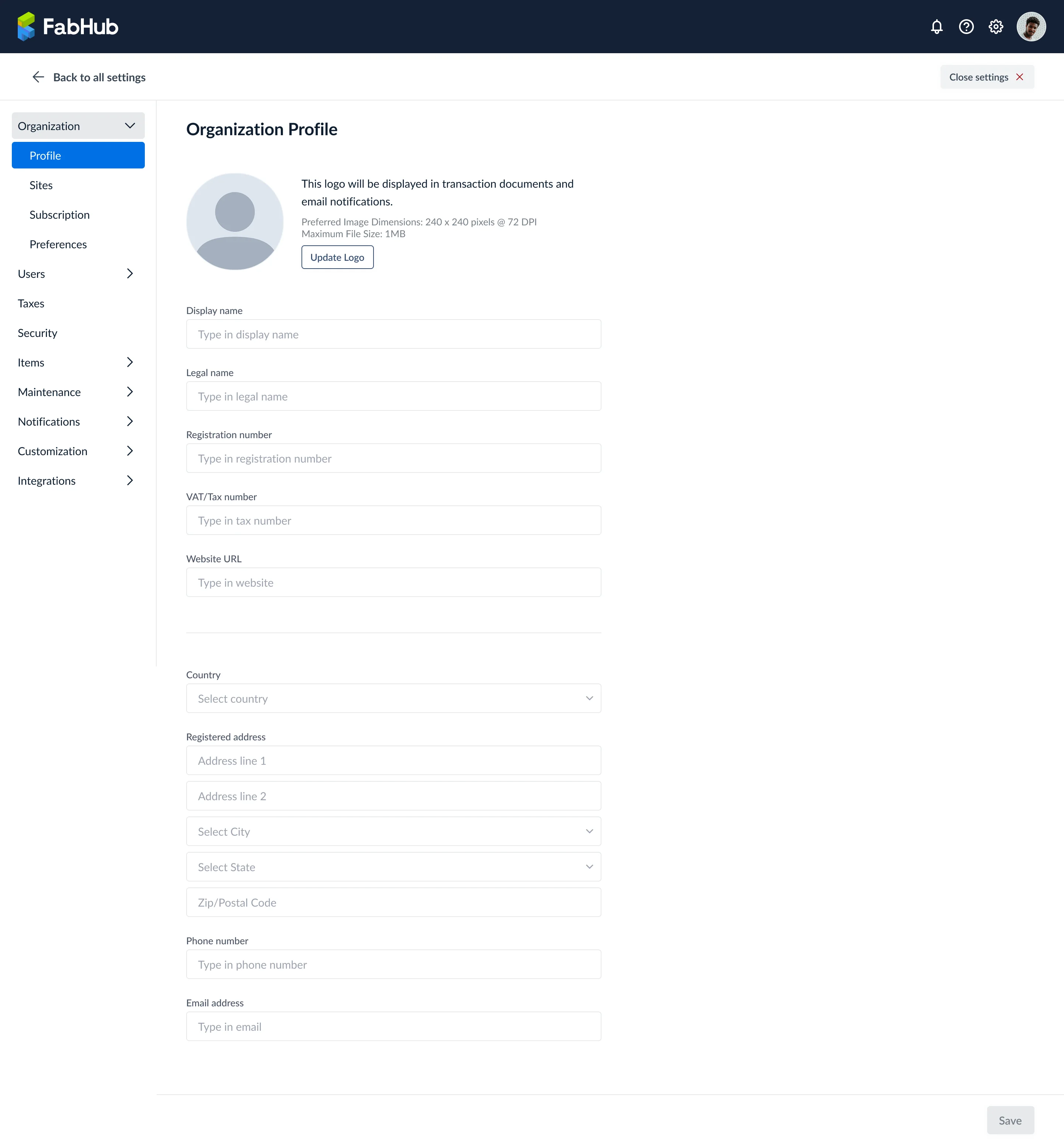 Organization profile settings