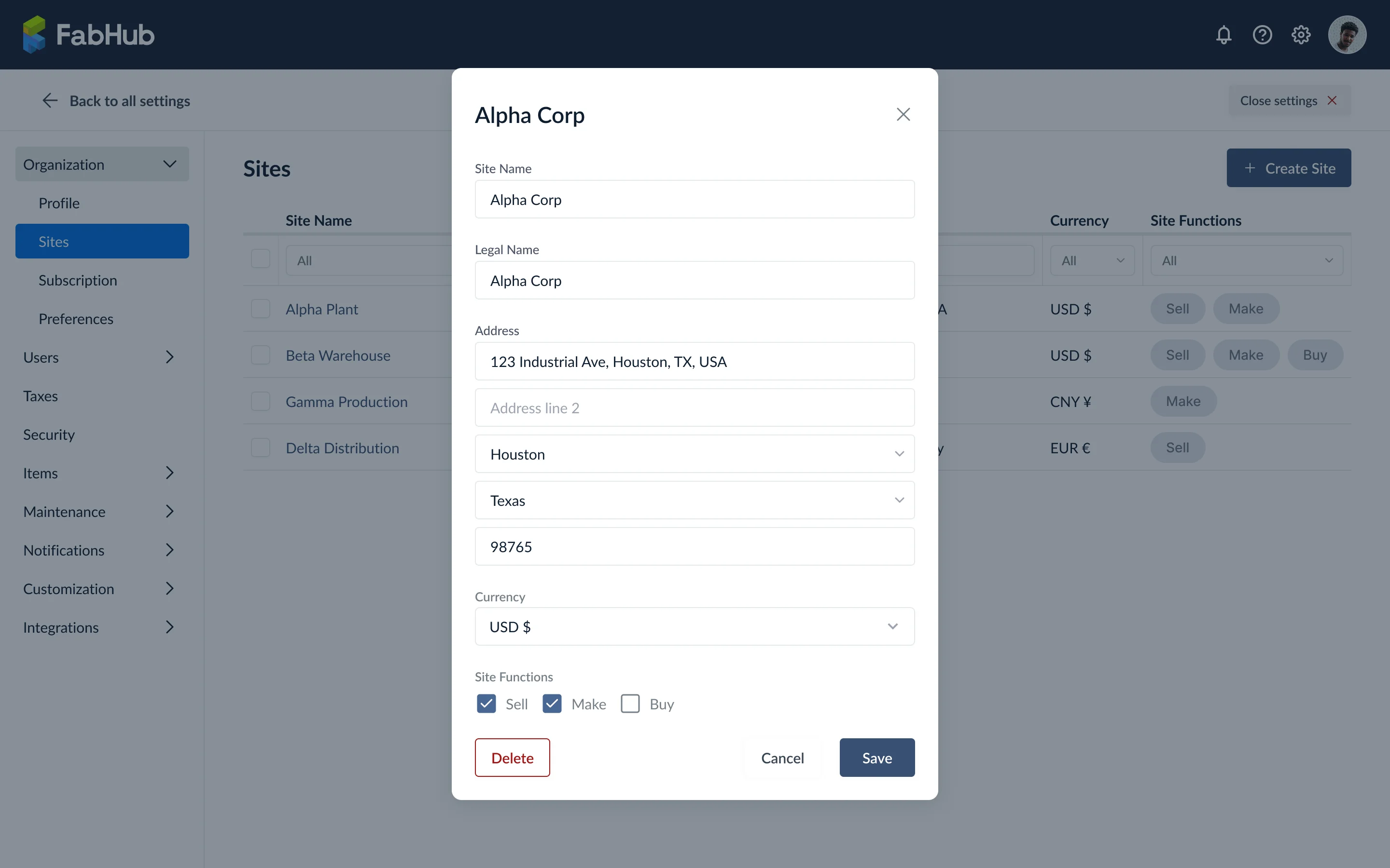 Create site form