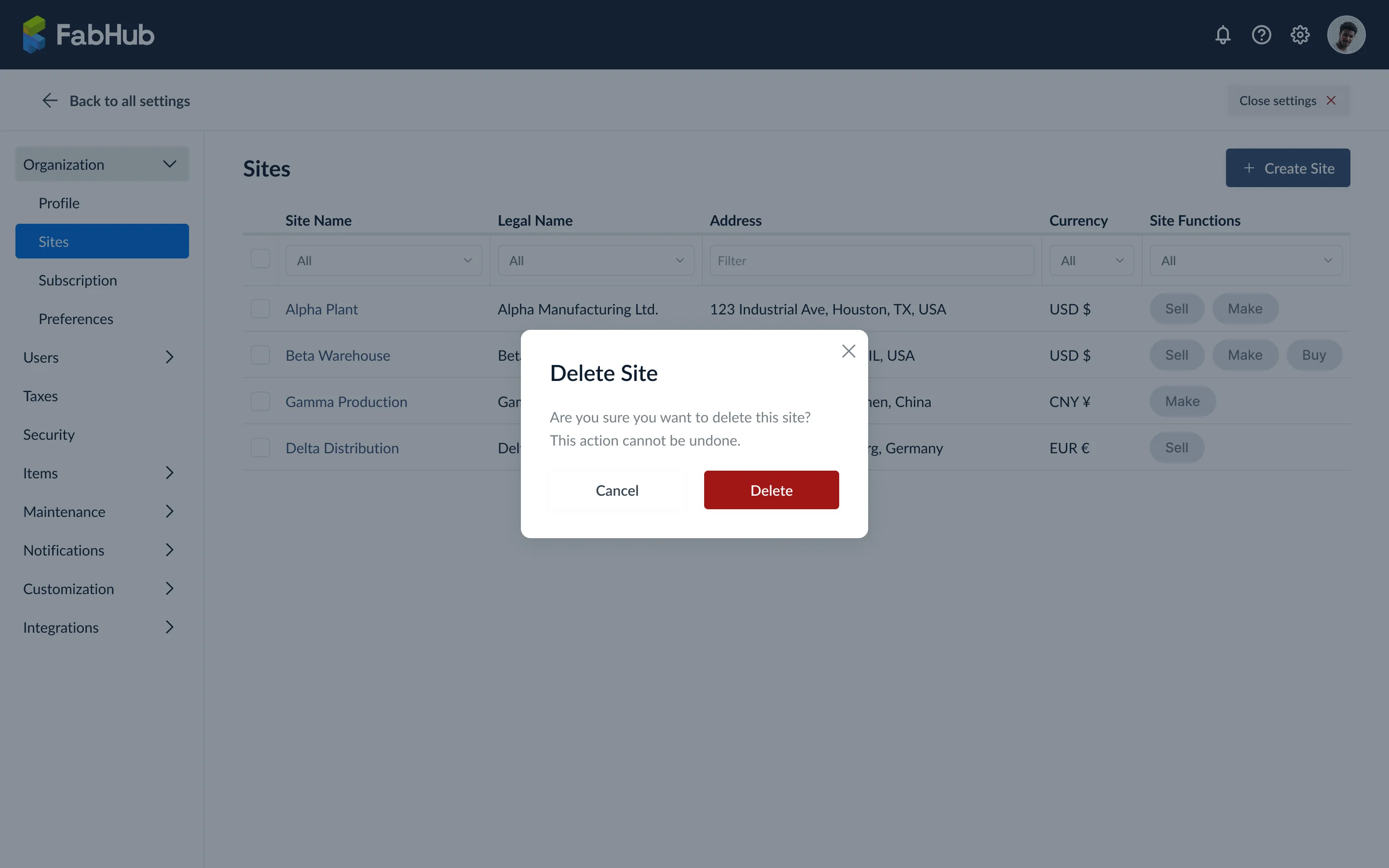 Delete site confirmation