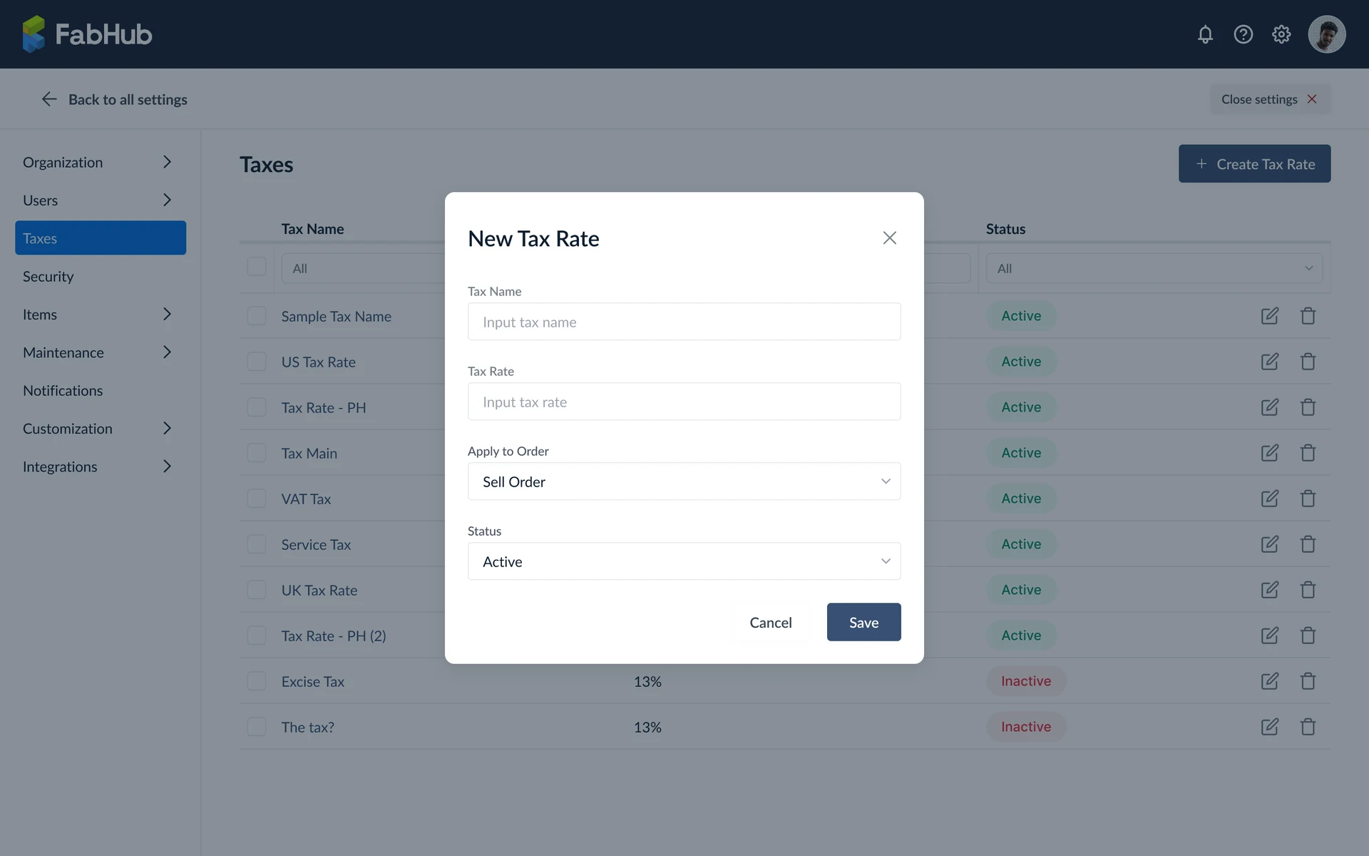 Create tax rate form