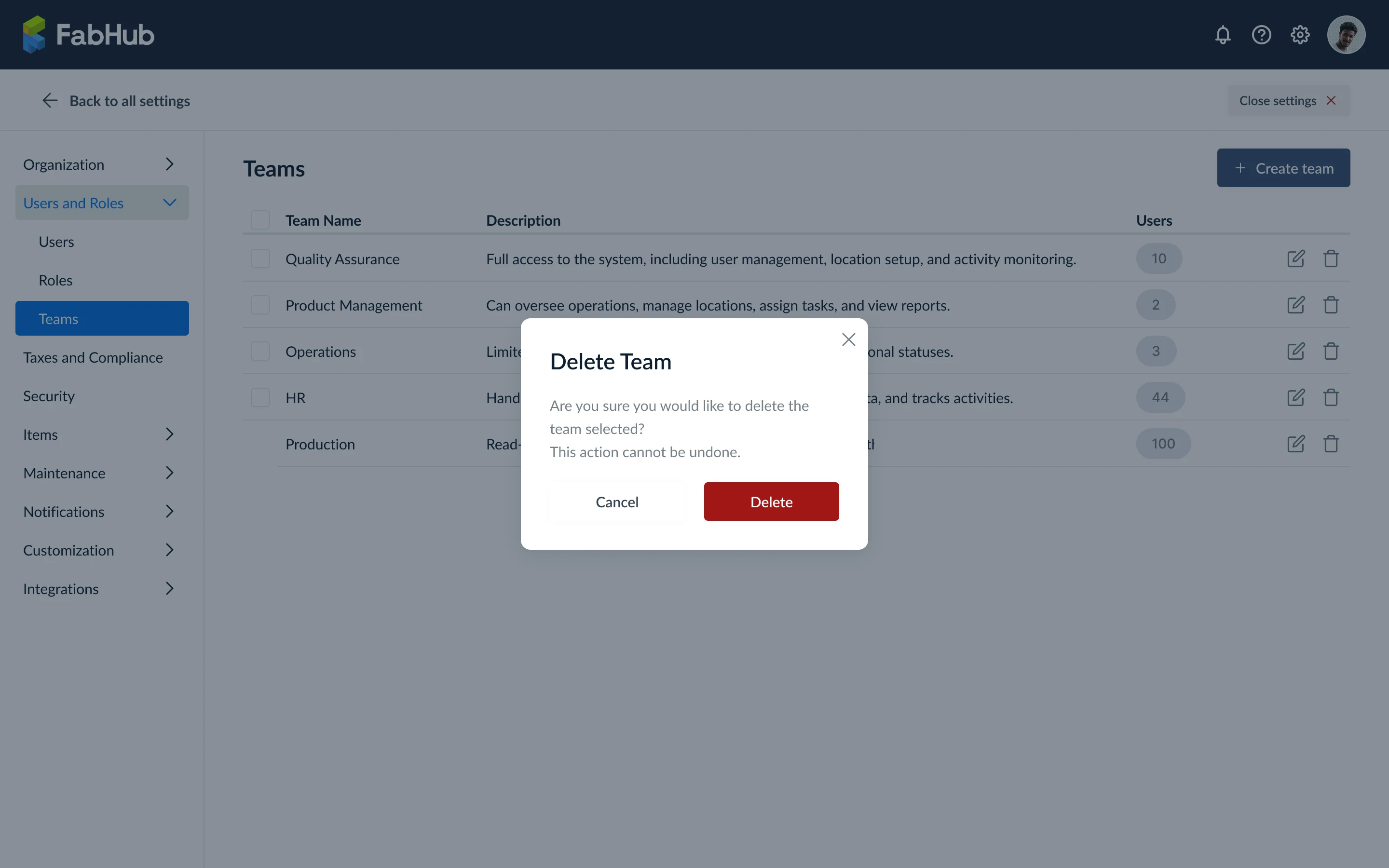 Delete teams confirmation