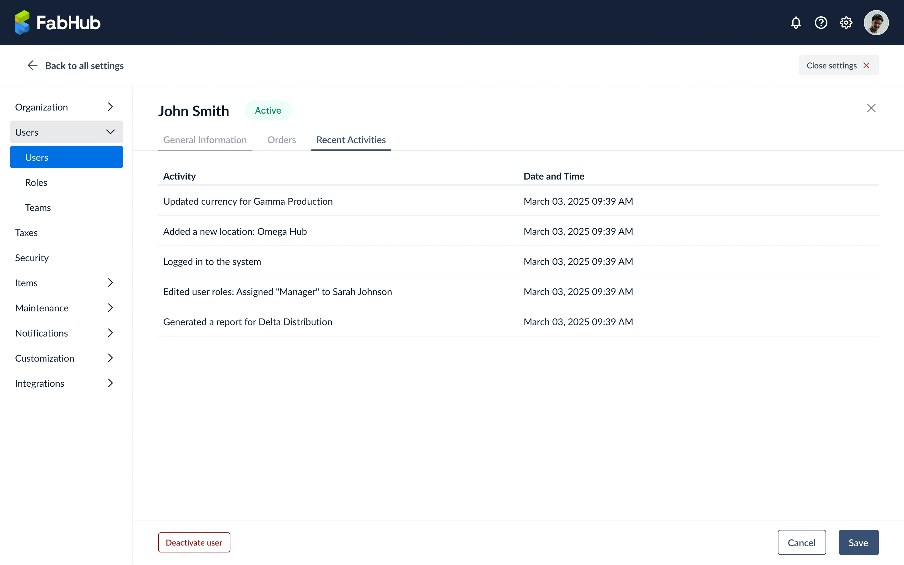 User activities tab
