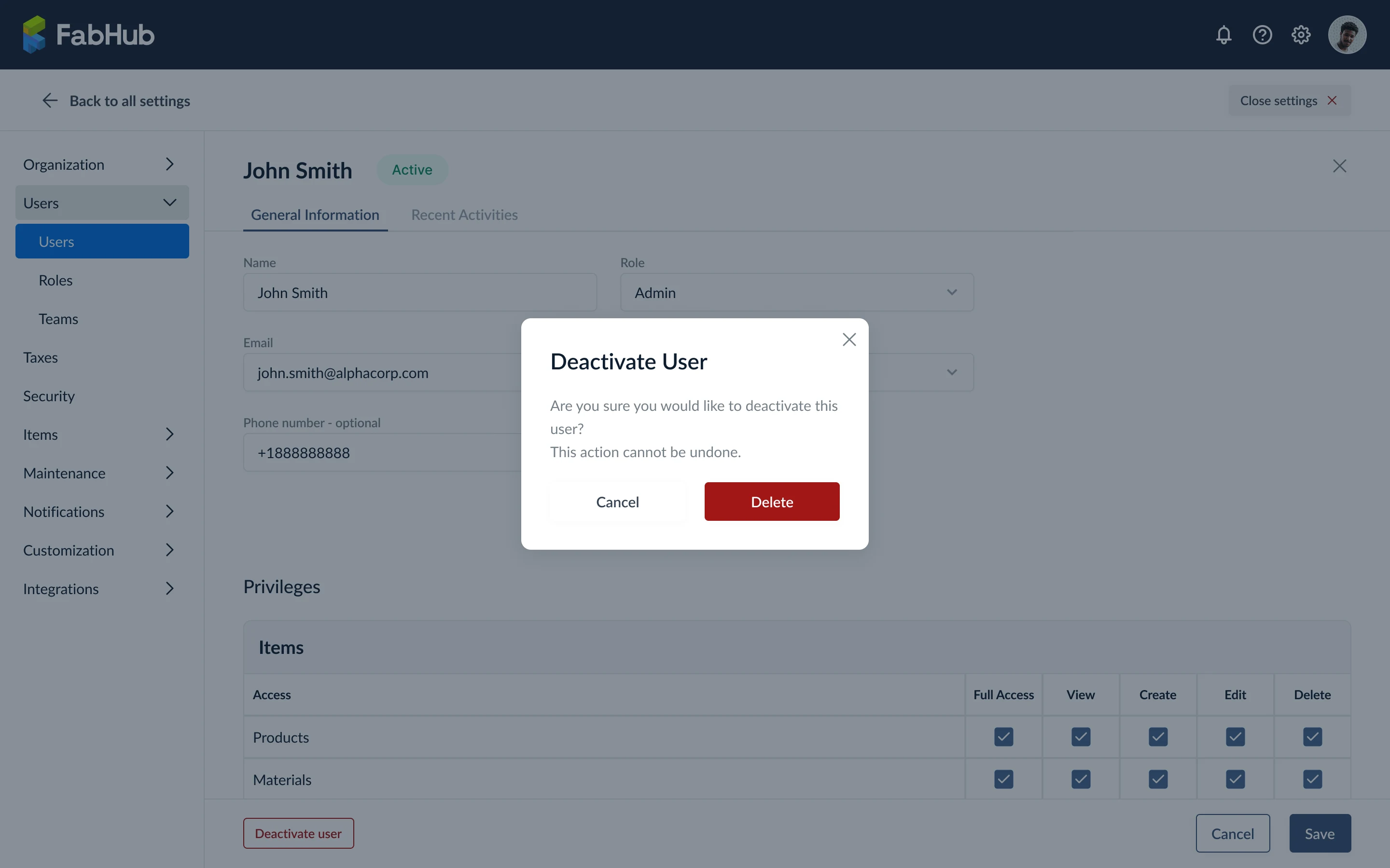 Deactivate user without pending work