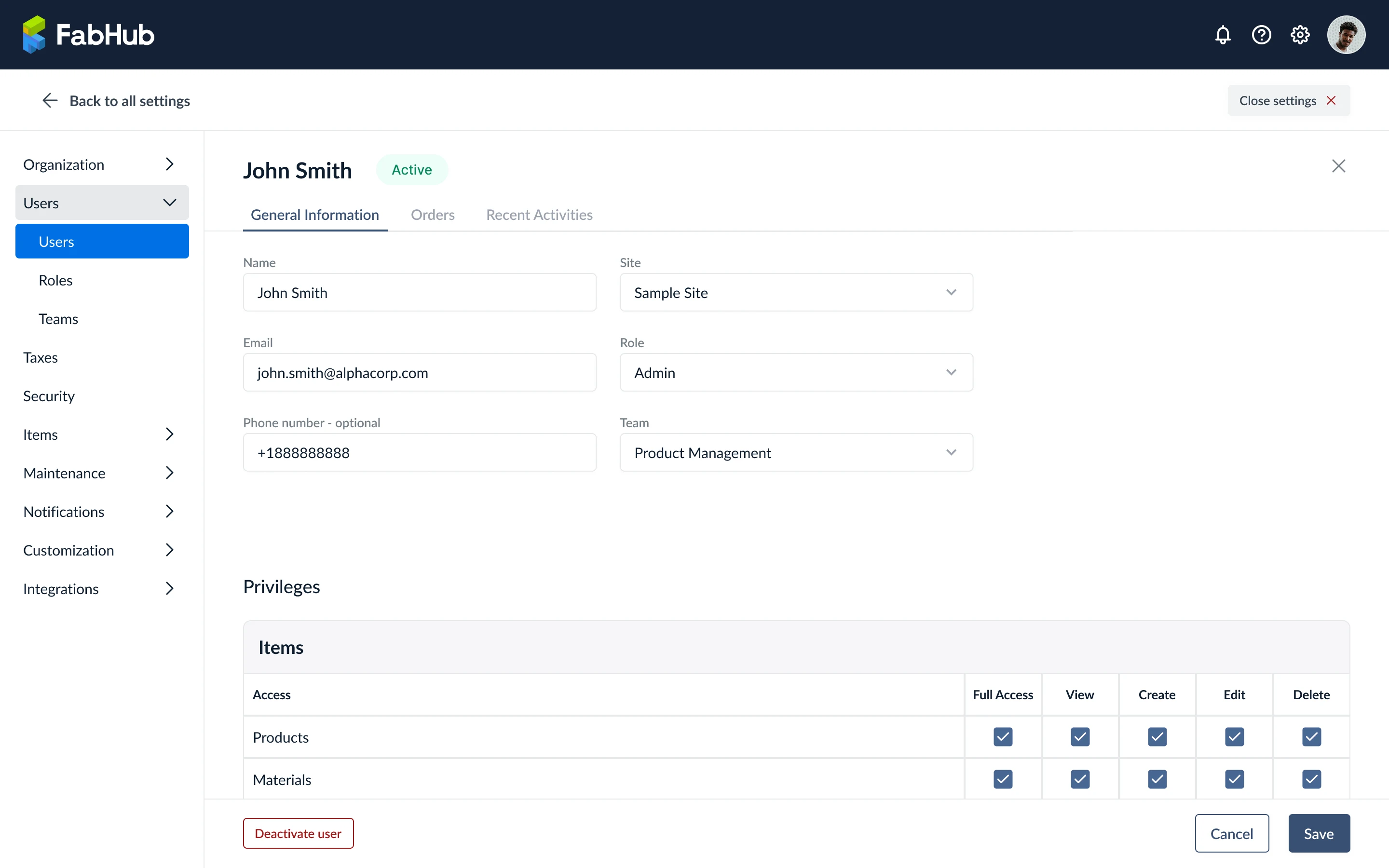 User general information tab