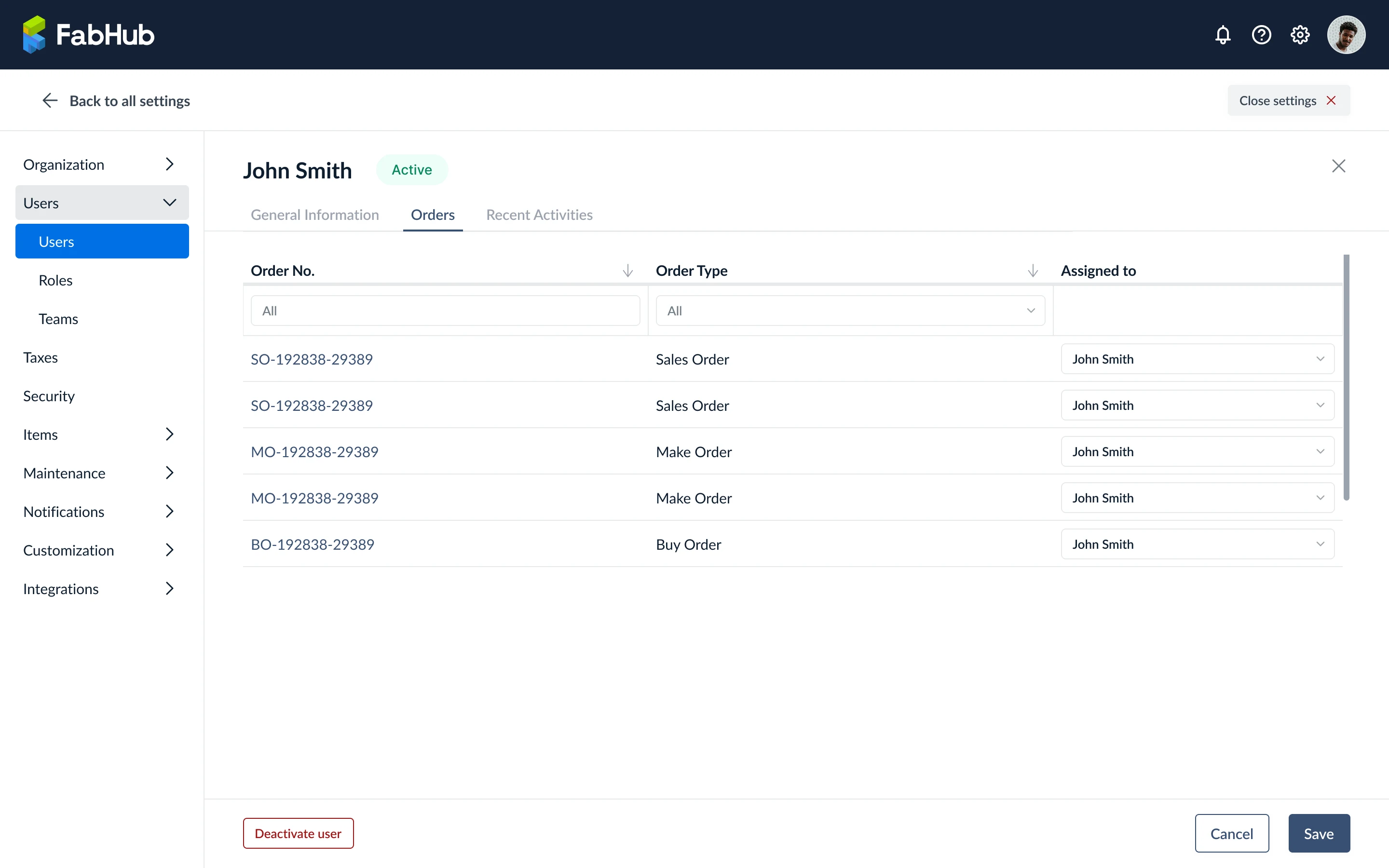 User orders tab