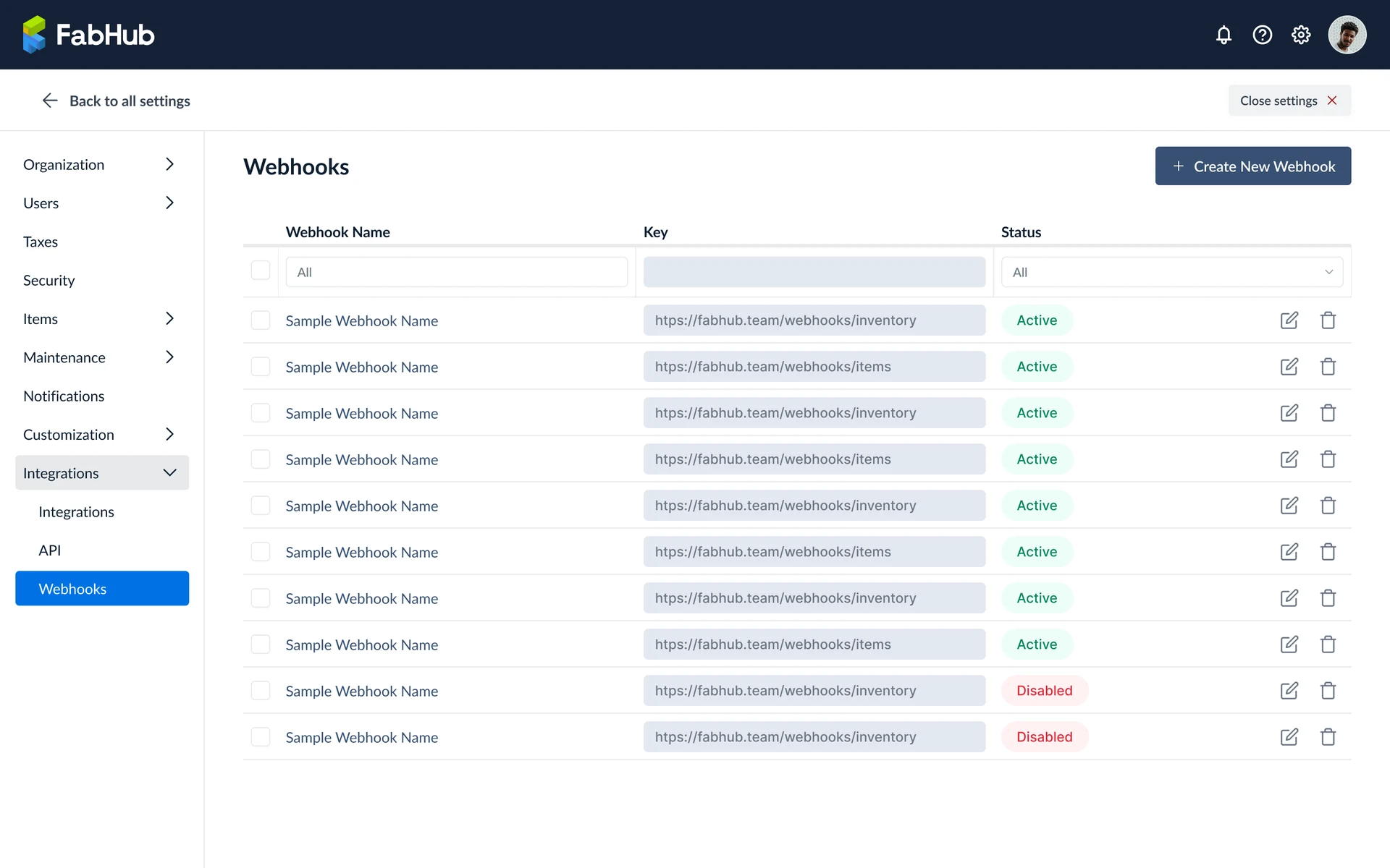Webhooks dashboard